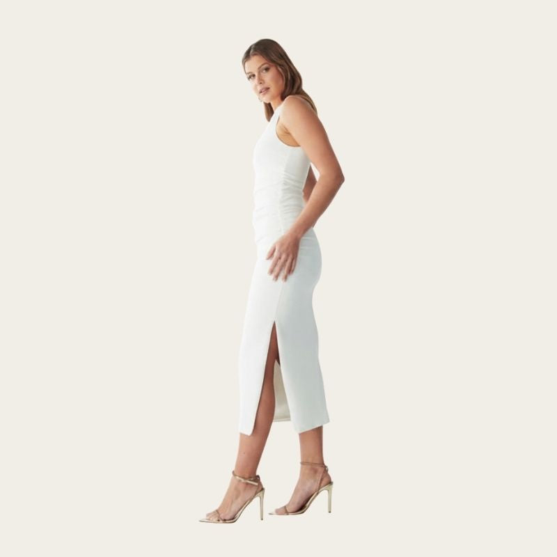 Asymmetric Satin Column Midi Dress-side