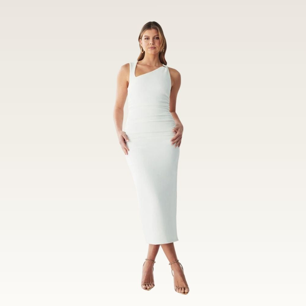 Asymmetric Satin Column Midi Dress