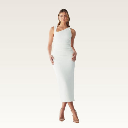 Asymmetric Satin Column Midi Dress