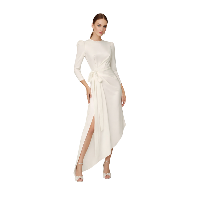 Asymmetrical Wrap Midi Sheath Dress in ivory