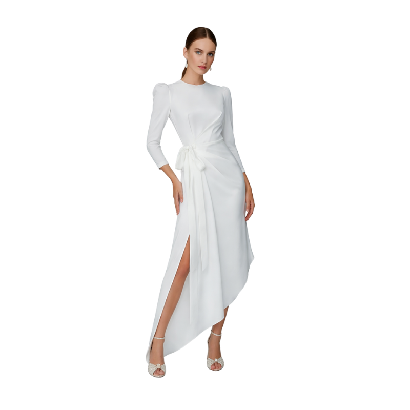 Asymmetrical Wrap Midi Sheath Dressin white