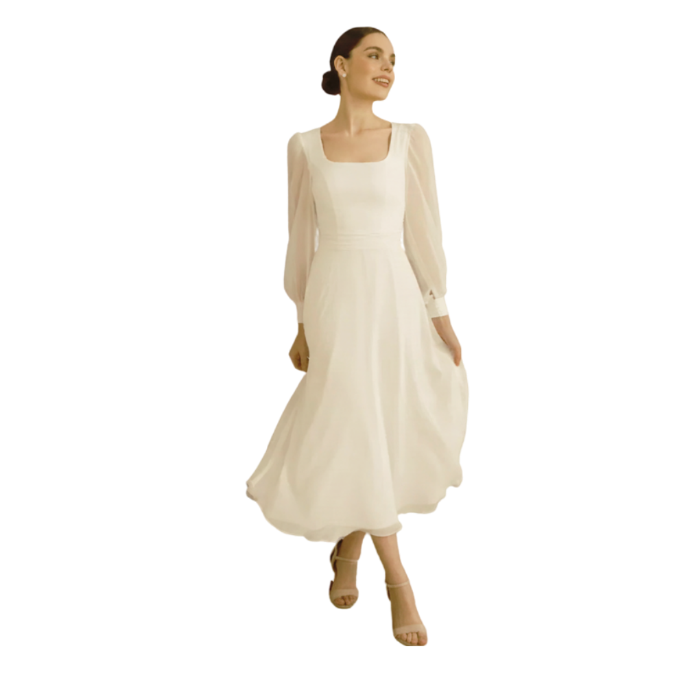 Chiffon Long Sleeve Midi Wedding Dress-Ivory