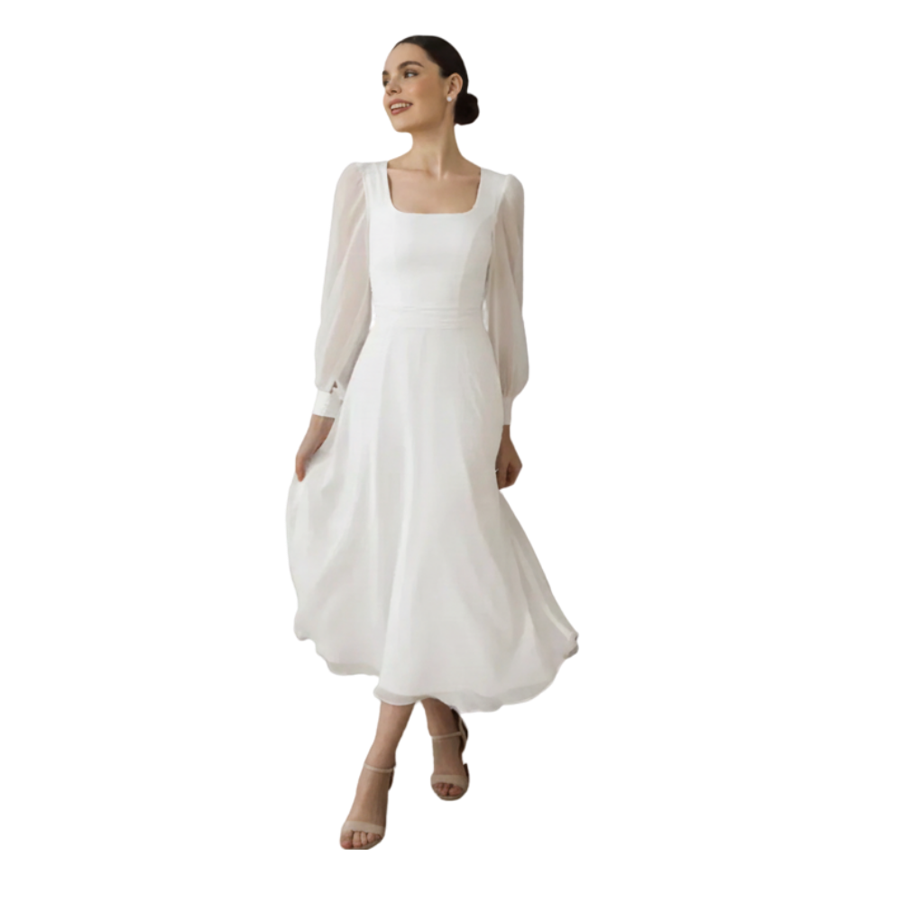 Chiffon Long Sleeve Midi Wedding Dress-White