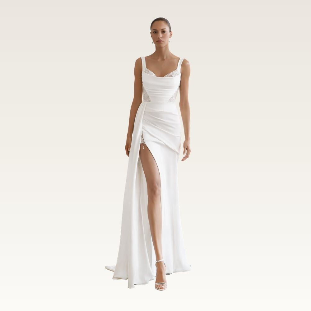 Draped Cowl Back Slit Gown