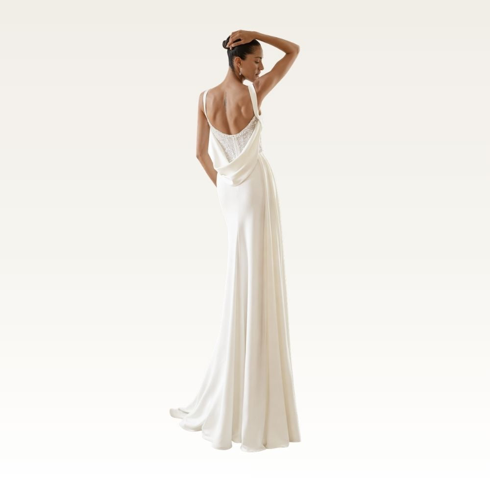 Draped Cowl Back Slit Gown Back