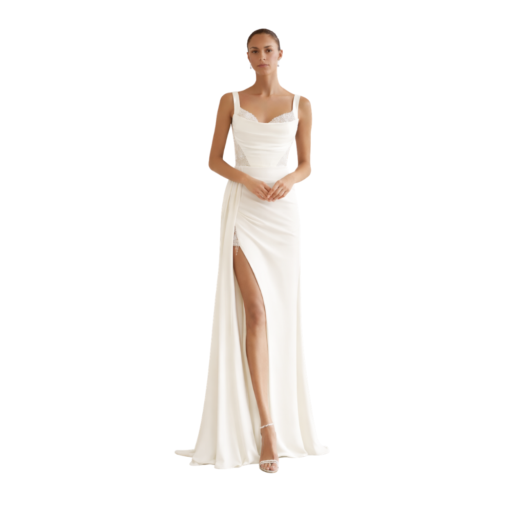Draped Cowl Back Slit Gown Ivory