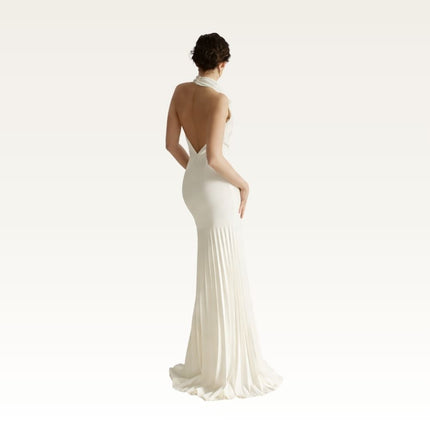Halter Satin Pleated Column Gown Back