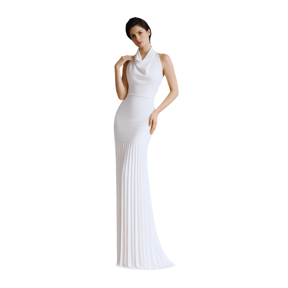 Halter Satin Pleated Column Gown White