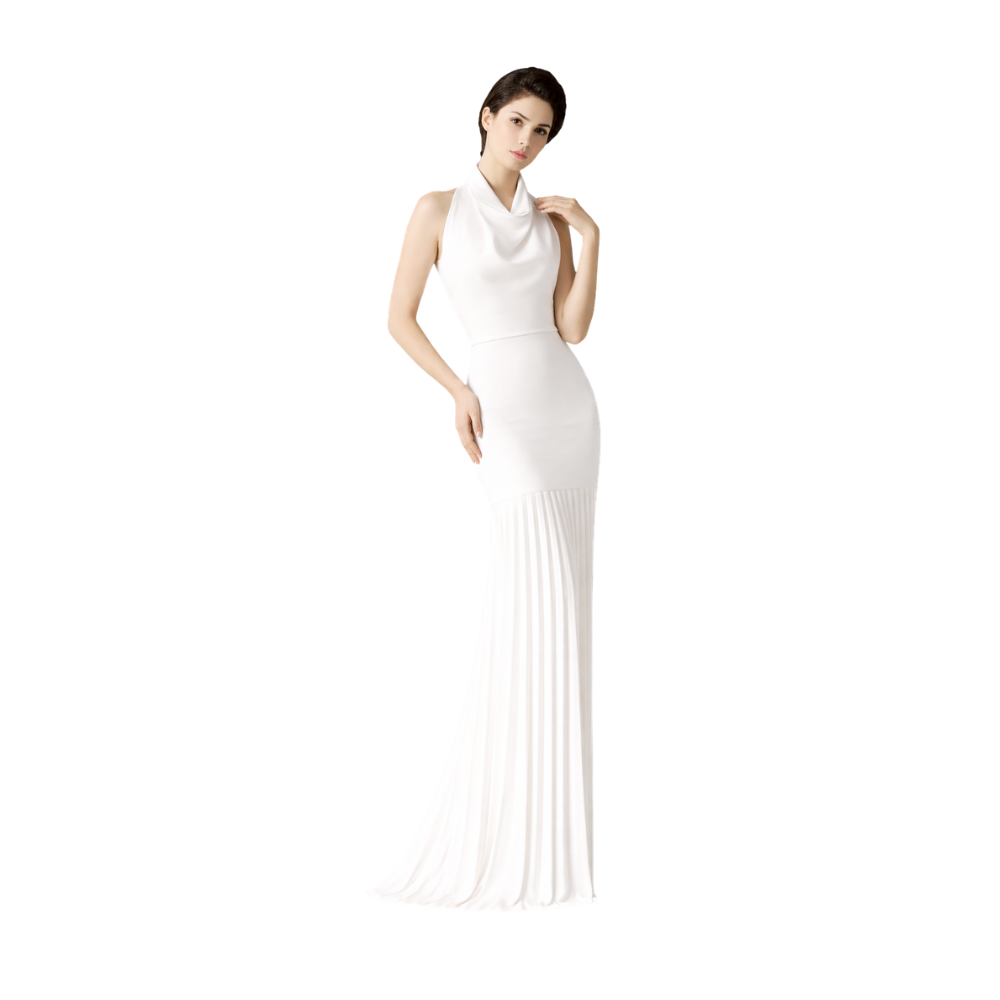 Halter Satin Pleated Column Gown Ivory