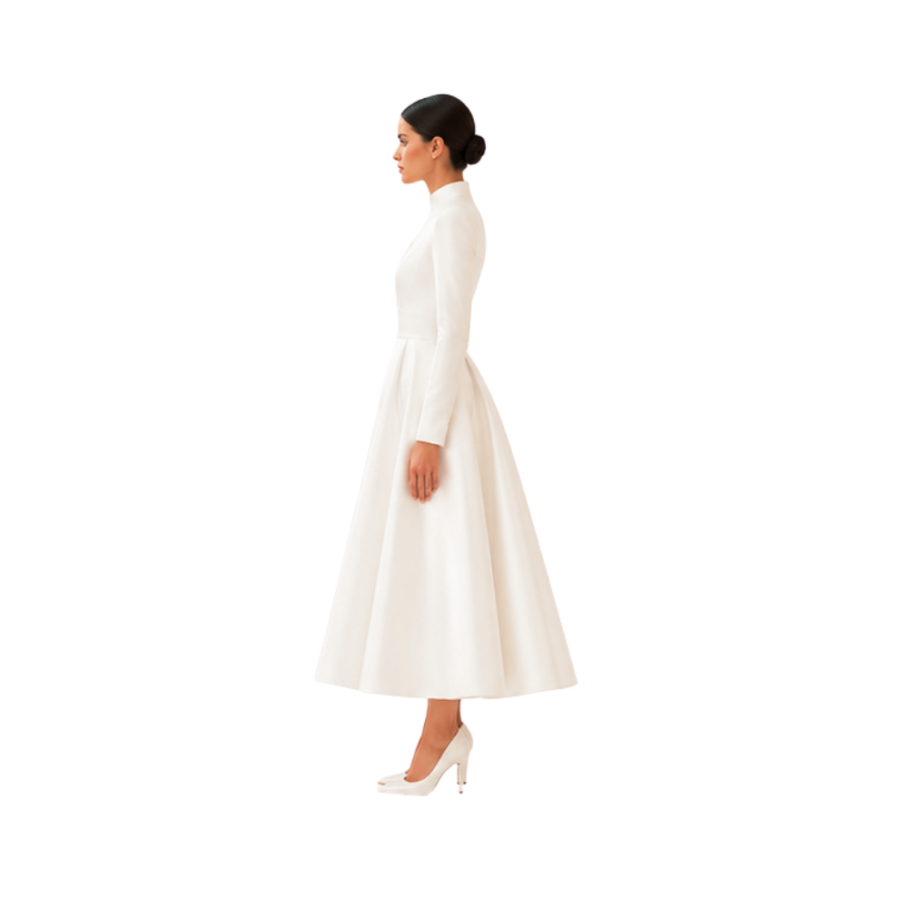High-Neck Satin Tea-Length Dress