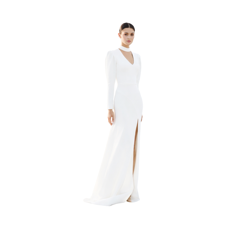 High Neck Long Sleeve Column Dress-White