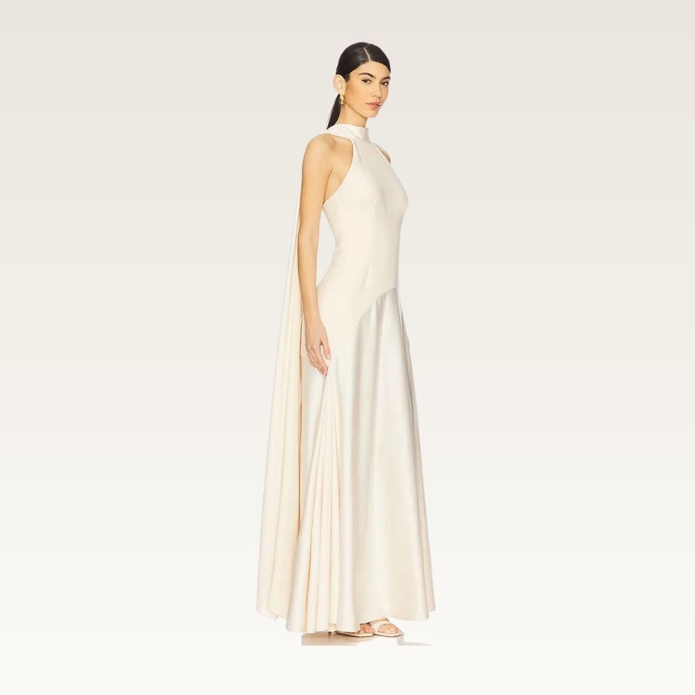 High Neck Satin Cape Gown