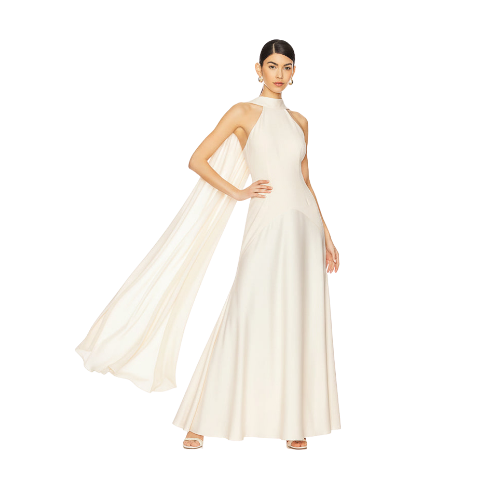High Neck Satin Cape Gown Ivory