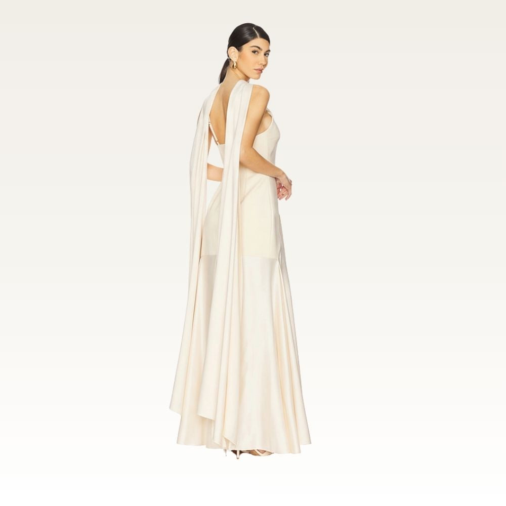 High Neck Satin Cape Gown Side