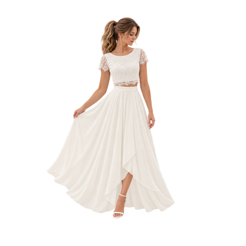 Lace Crop Top Chiffon Skirt Set