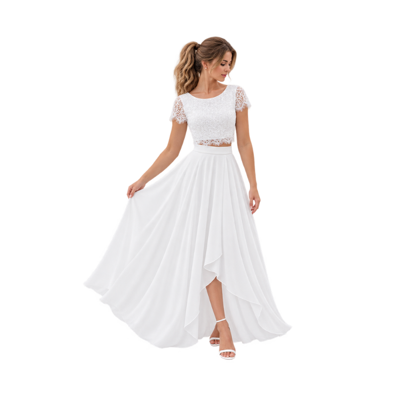 Lace Crop Top Chiffon Skirt Set