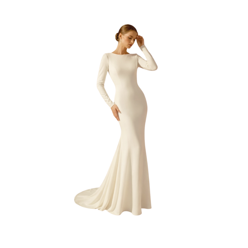 Long Sleeve Open Back Column Dress-Ivory
