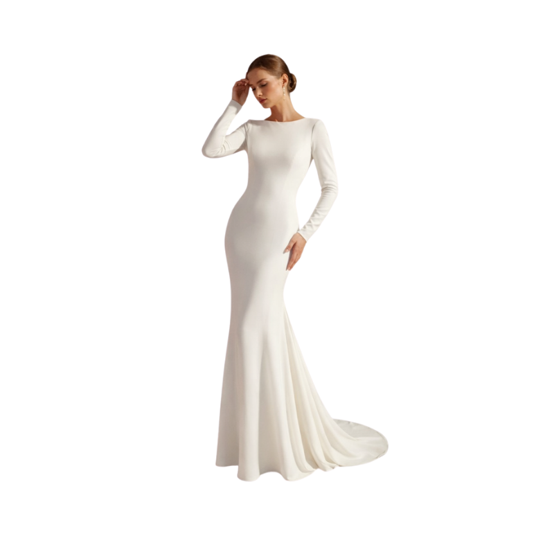 Long Sleeve Open Back Column Dress-White