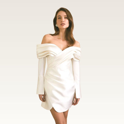 Off-Shoulder Long-Sleeve Satin Dress