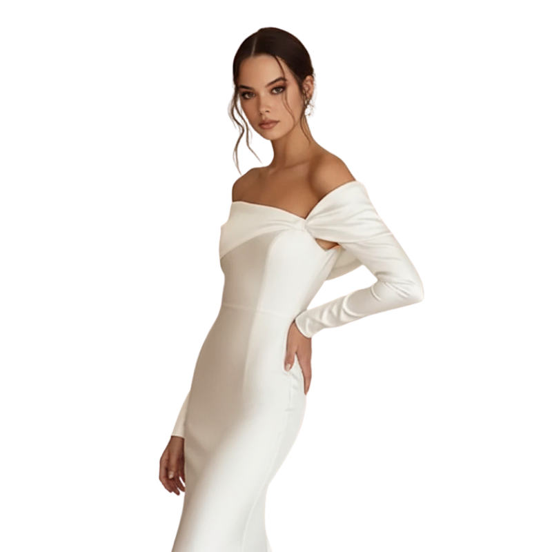 Off-Shoulder Long Sleeve Column Gown off white