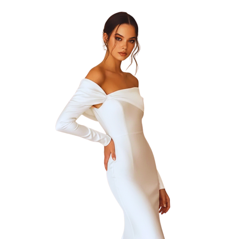Off-Shoulder Long Sleeve Column Gown -white