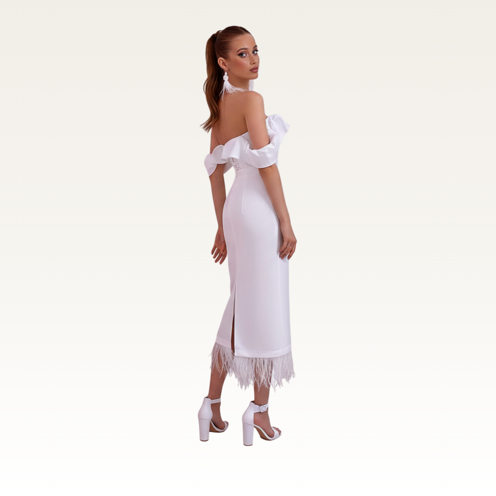 Off-Shoulder Satin Feather Midi Back