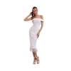Off-Shoulder Satin Feather Midi White