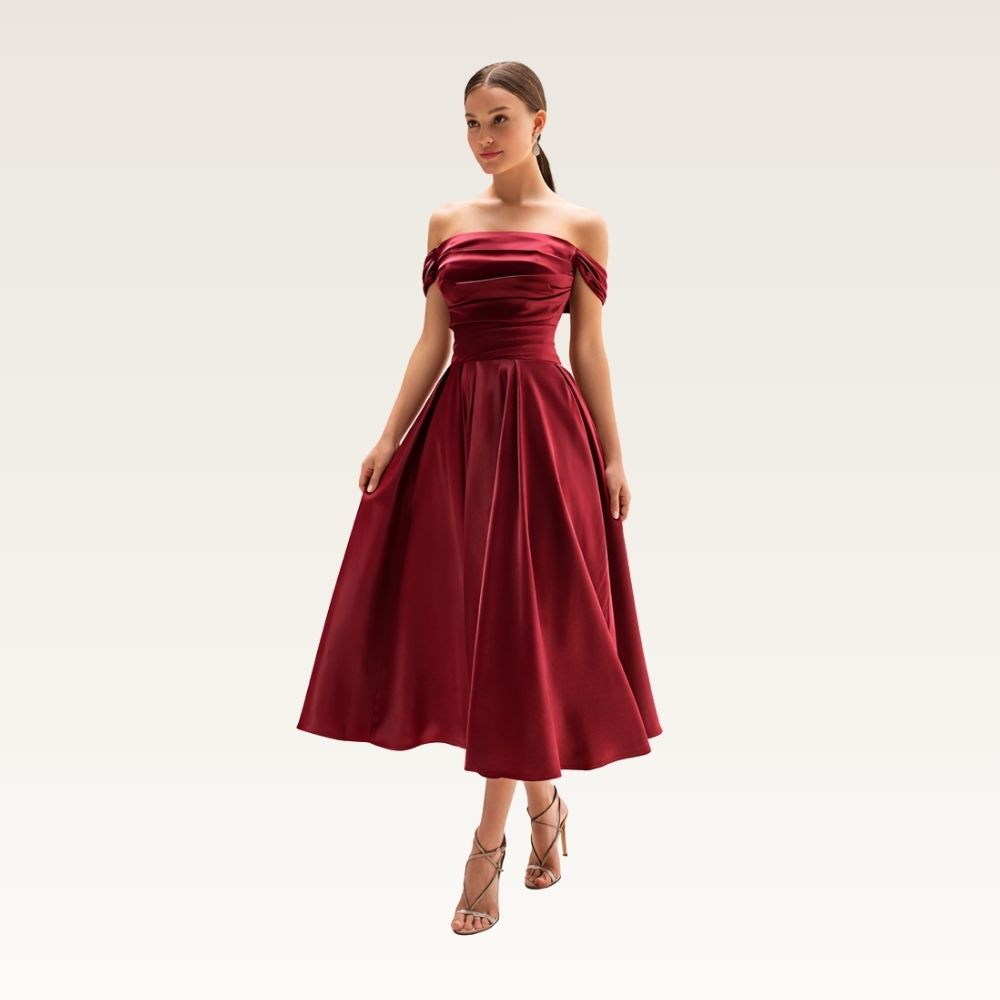 Off-Shoulder Satin Midi A-Line