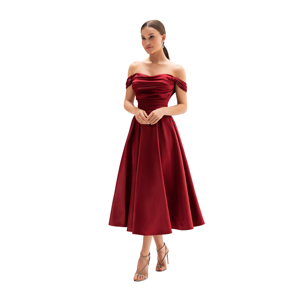 Off-Shoulder Satin Midi A-Line Burgundy