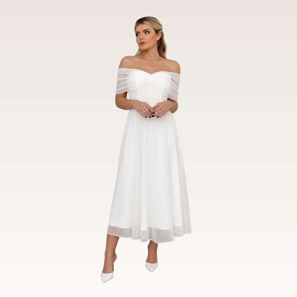 Off-Shoulder Satin Midi Dress