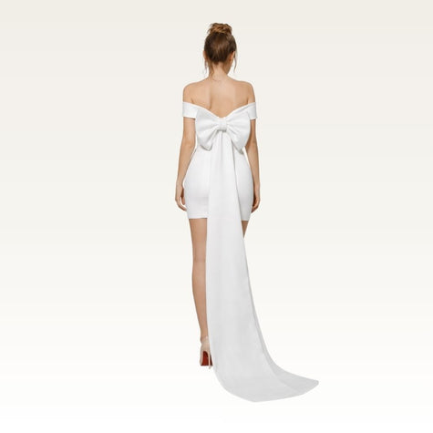 Off-Shoulder Satin Mini with Bow Back