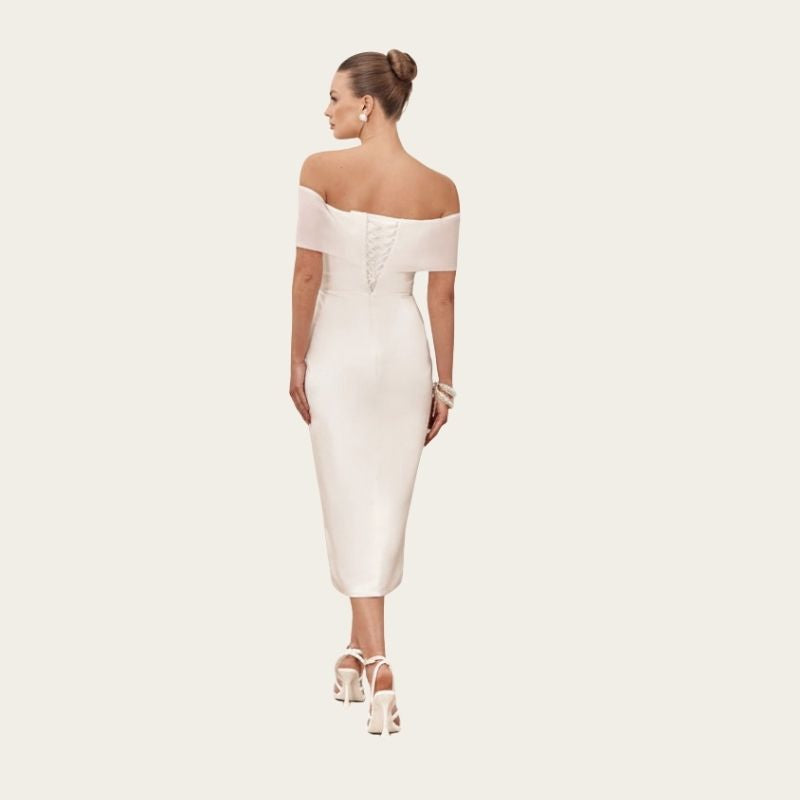 Off-Shoulder Satin Sheath Dress