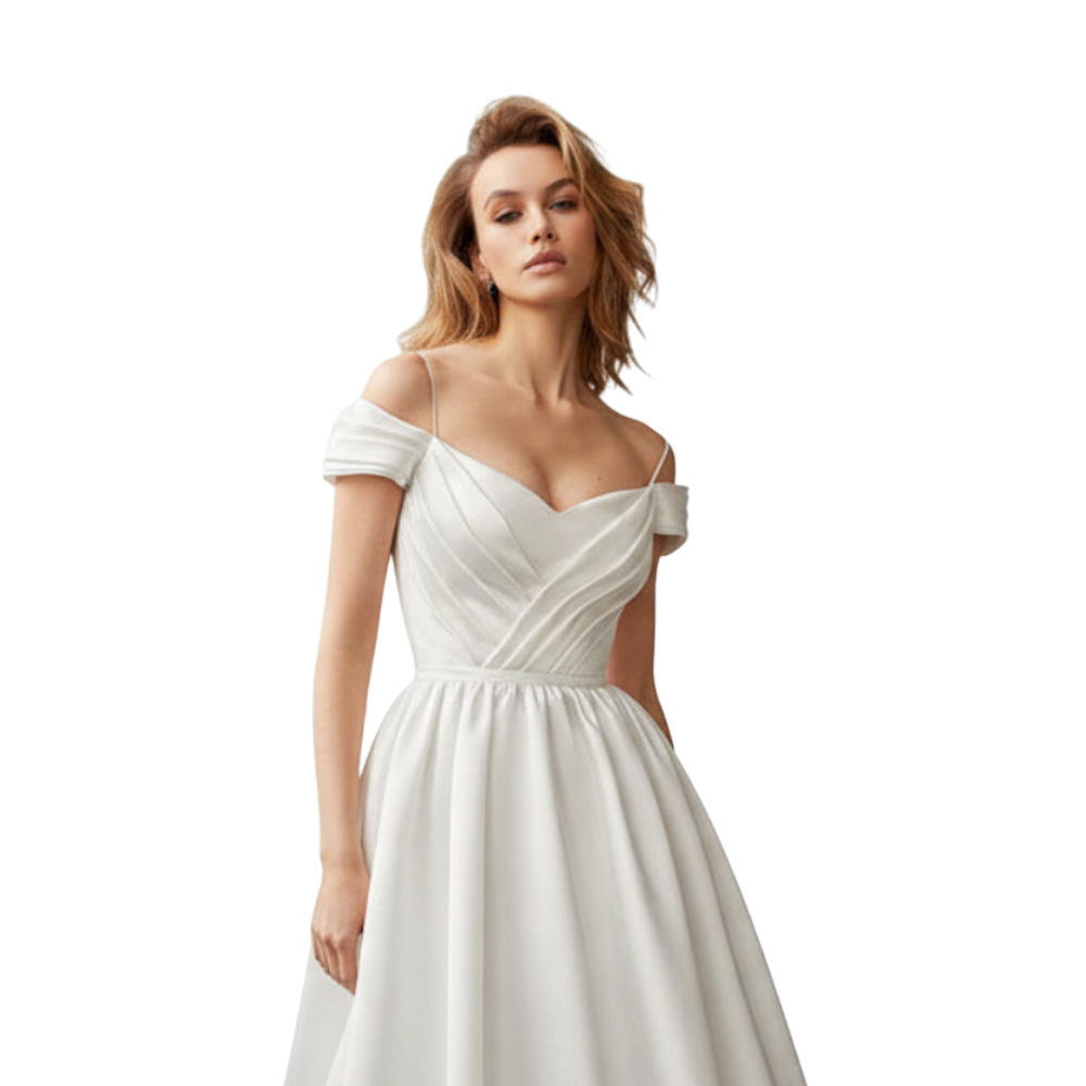 Off-Shoulder Satin Tea-Length Dress-Ivory