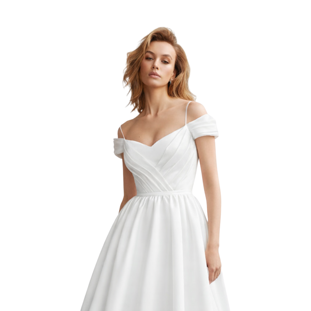 Off-Shoulder Satin Tea-Length Dress-White