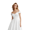 Off-Shoulder Satin Tea-Length Dress-White