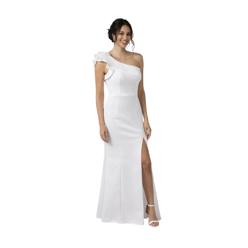 One-Shoulder Column Gown with Slit in white