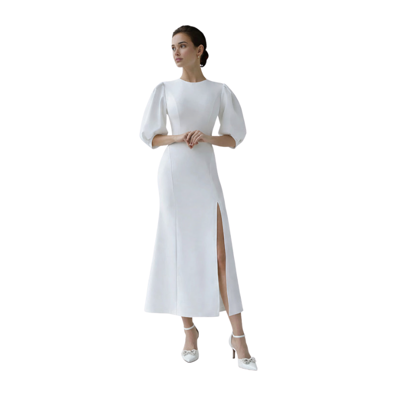 Puff Sleeve Midi Column Dress in White