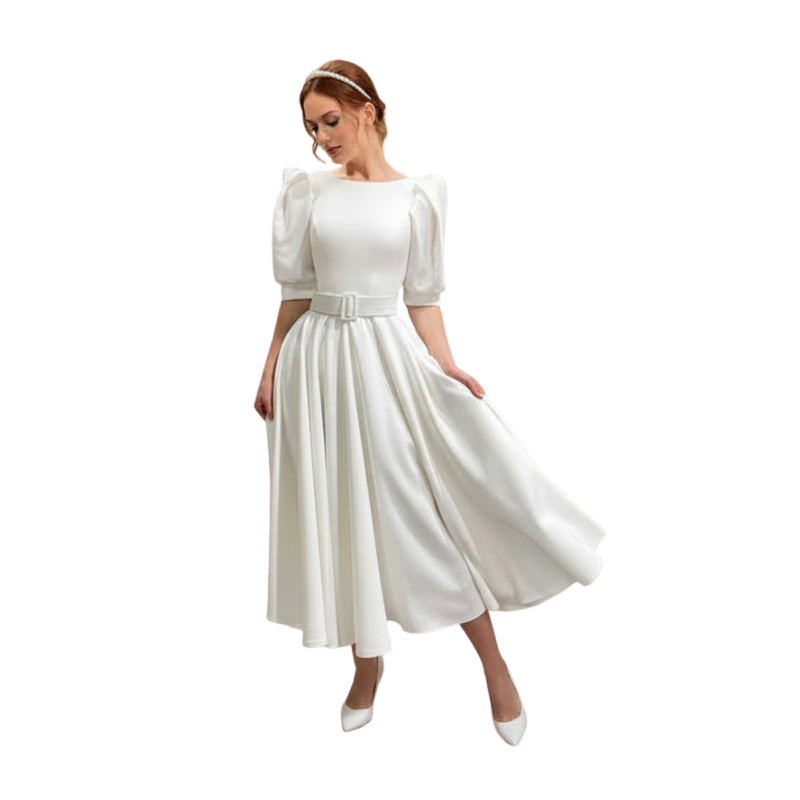 Puff Sleeve Open-Back Midi Dress White