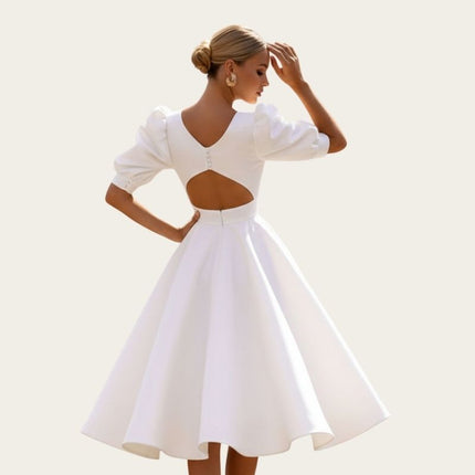 Puff Sleeve Satin A-Line Dress-back