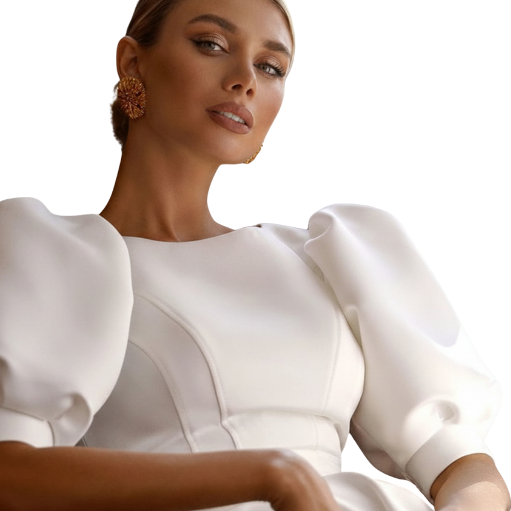 Puff Sleeve Satin A-Line Dress-white