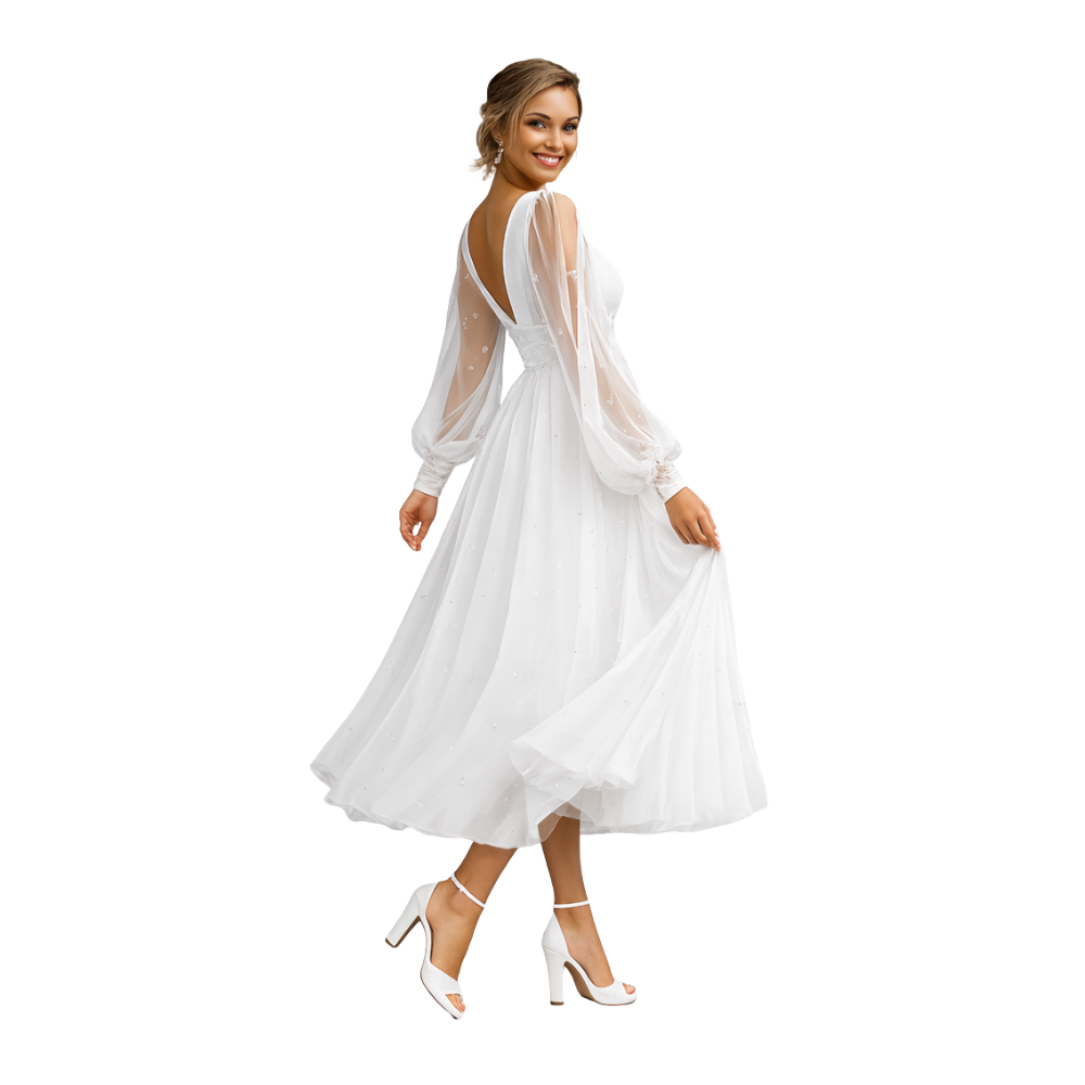 Sheer Sleeve Midi Tulle Dress White