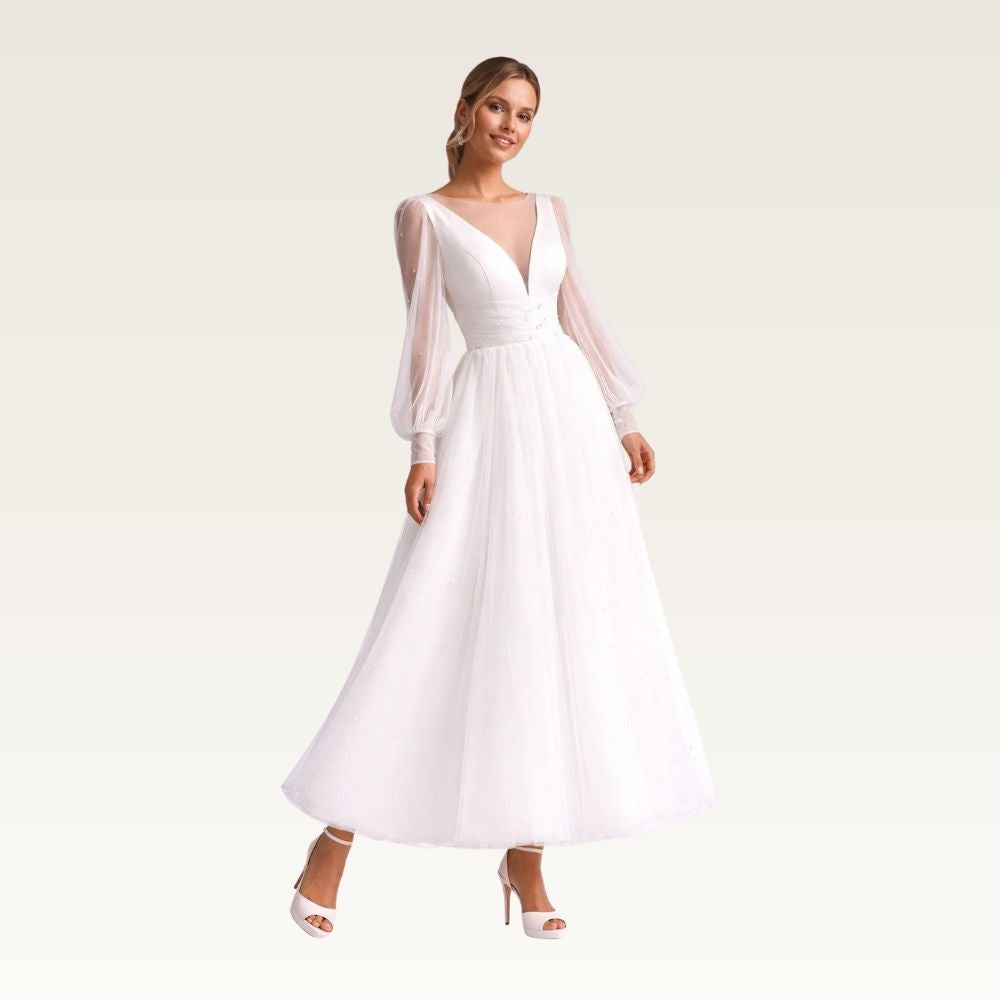 Sheer Sleeve Midi Tulle Dress