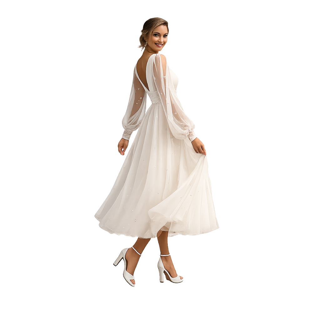 Sheer Sleeve Midi Tulle Dress Ivory