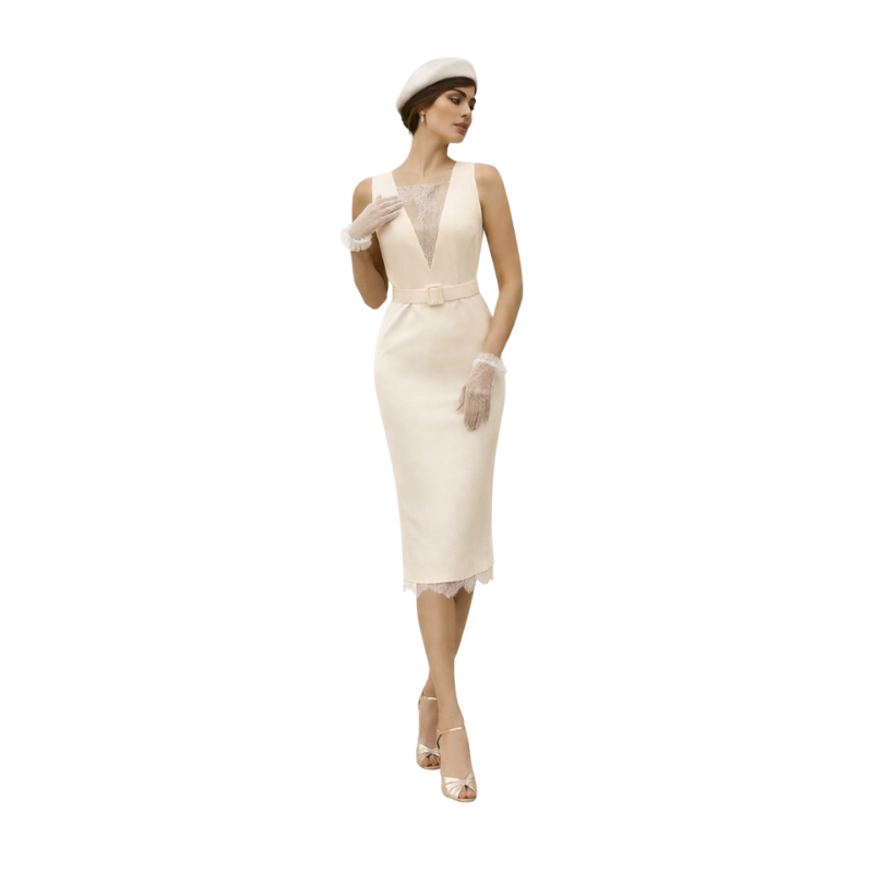 Sleeveless Belted Sheath Dress in ivory