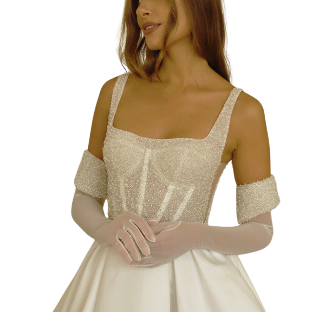Square Neck A-Line Bridal Mini Dress-ivory