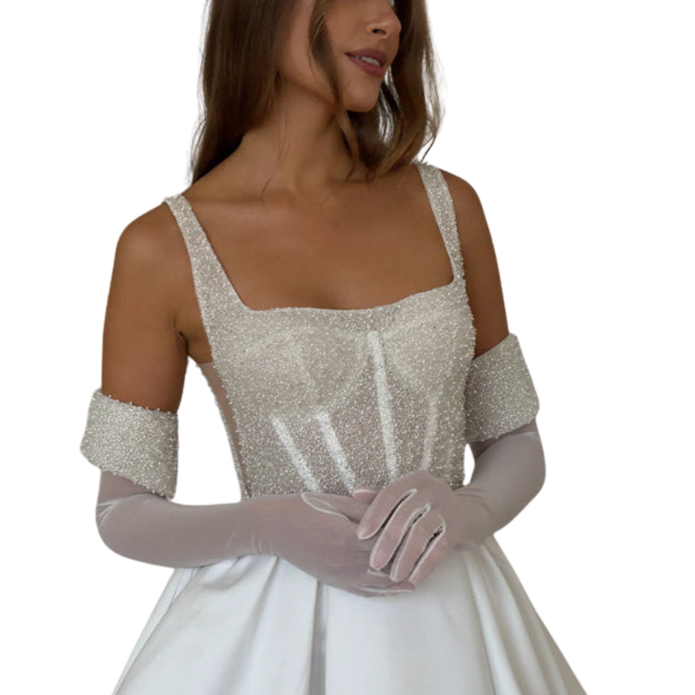 Square Neck A-Line Bridal Mini Dress-white