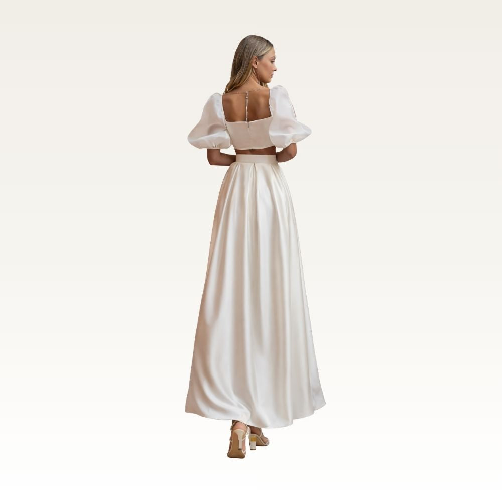 Square Neck Puff Sleeve Satin Set Back