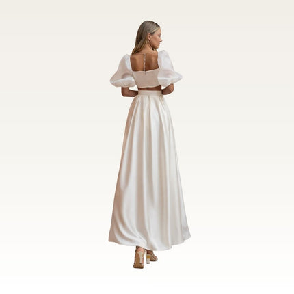 Square Neck Puff Sleeve Satin Set Back