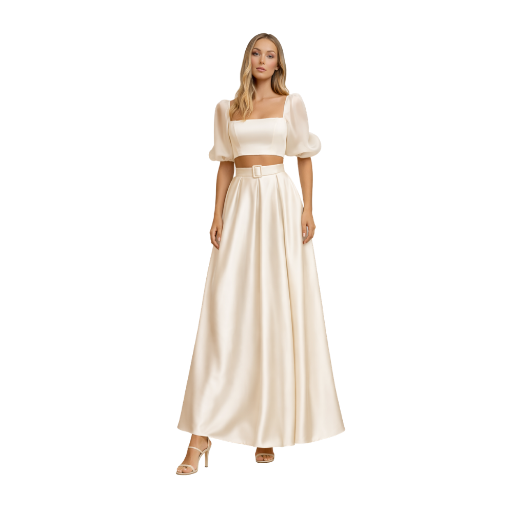 Square Neck Puff Sleeve Satin Set Ivory
