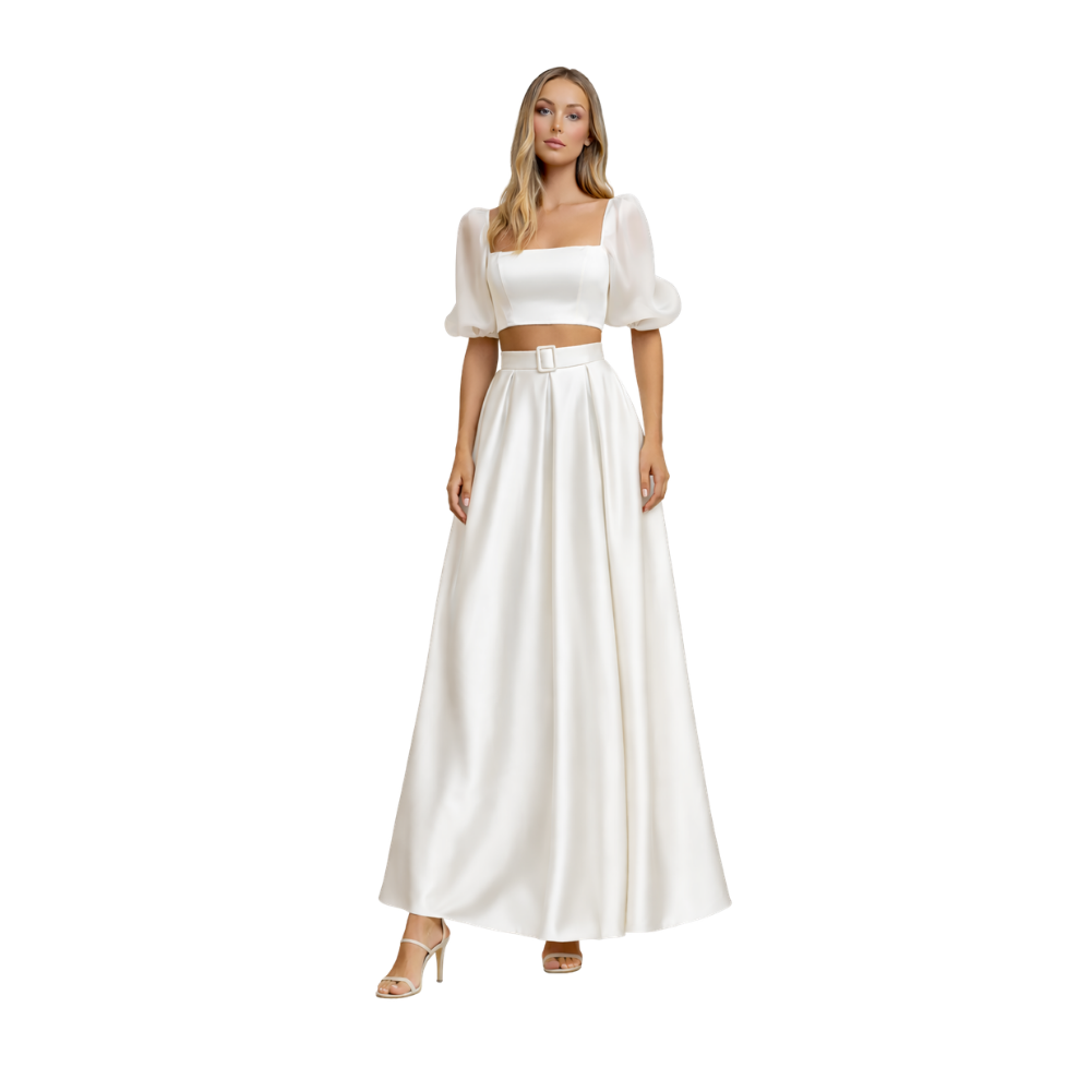 Square Neck Puff Sleeve Satin Set White